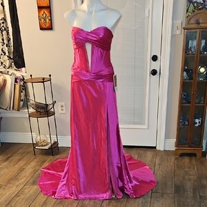 Pink Strapless Ruched Gown with Slit